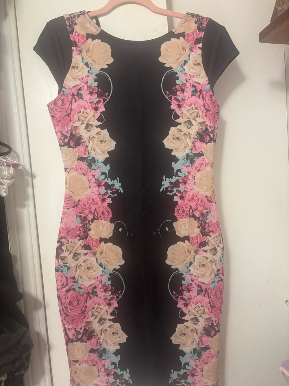 Kardashian kollection Floral Column Midi Dress - Black with Pink & Cream Roses